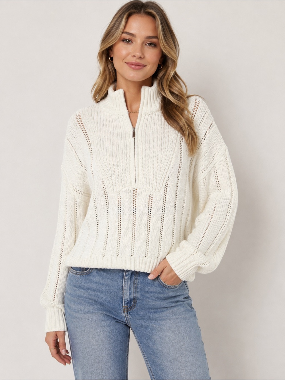 A New Day Women’s Size L Ivory Quarter Zip Mock Neck Cotton Blend Knit Sweater